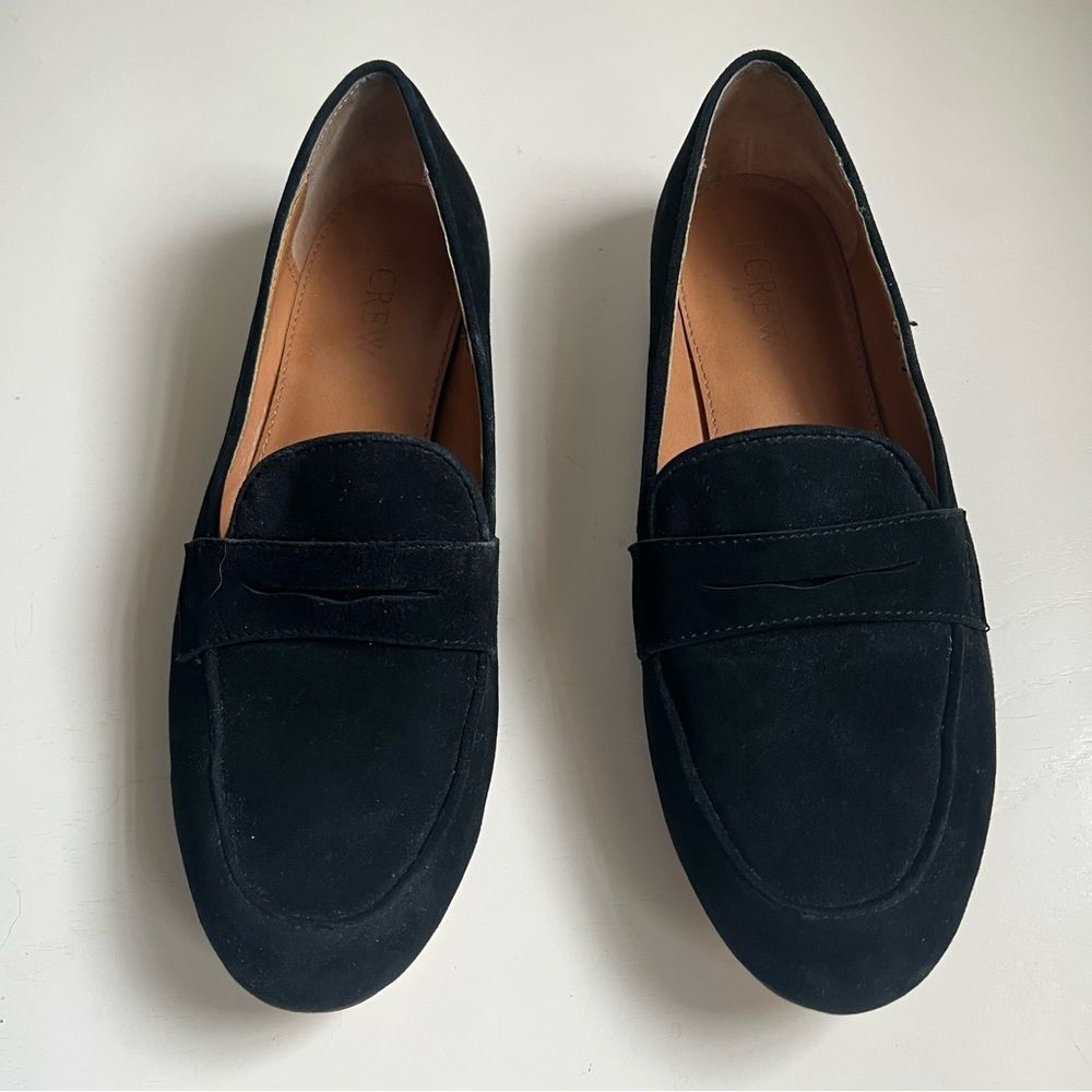 J Crew Penny Loafers Black Suede Leather Size 7 Classic Preppy Academia
